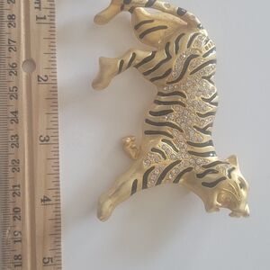 Blazer Brooch: Gold Tiger Brooch with Clear Crystal Accents